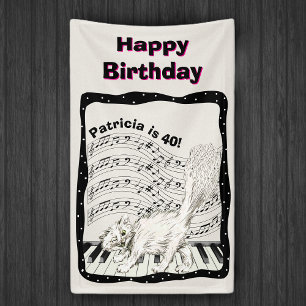 Witte Winking Cat Piano Keys Muziek Opmerking Verj Spandoek
