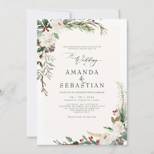 Witte Winter Bloemen Bessen Pine Cone Wedding Kaart (Voorkant)