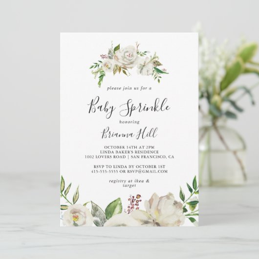 Witte Winter Pioen Bloemen Baby Sprinkle Kaart (Staand voorkant)