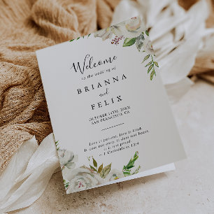 Witte Winter Pioen Bloemen Gevouwen Bruiloft Programma