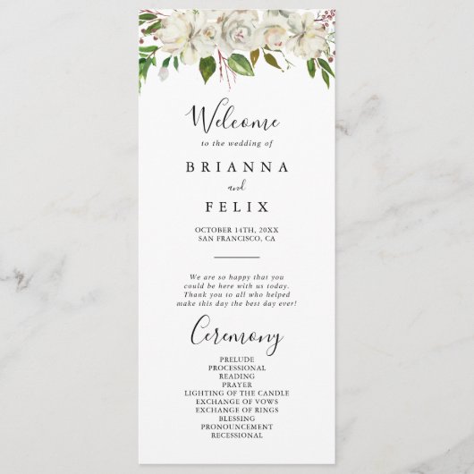 Witte Winter Pioen Bloemen Trouwprogramma Programma (Voorkant)