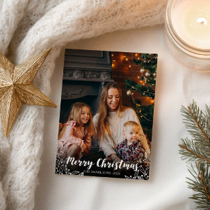 Witte winterbladeren Script Foto Prettig Kerstfees Briefkaart