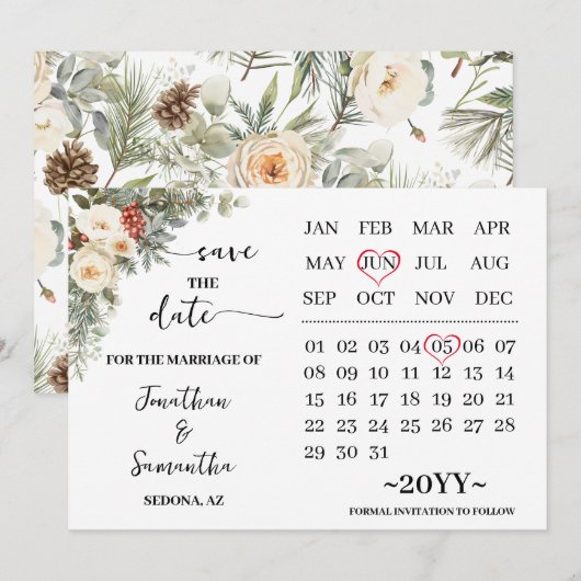 Witte Winterbloemen Kalender Save The Date (Voorkant / Achterkant)