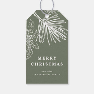 Witte Winterden Botanische Taupe Groene Kerstmis Cadeaulabel