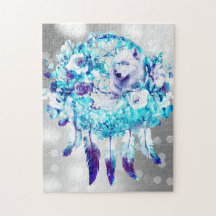 Witte Wolf Dreamcatcher Paarse Blauwe Bloemen