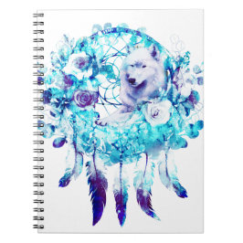 Witte Wolf Dreamcatcher Paarse Blauwe Bloemen Notitieboek