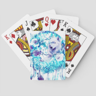Witte Wolf Dreamcatcher Paarse Blauwe Bloemen Pokerkaarten