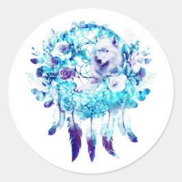 Witte Wolf Dreamcatcher Paarse Blauwe Bloemen Ronde Sticker