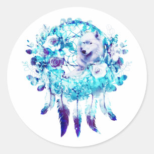 Witte Wolf Dreamcatcher Paarse Blauwe Bloemen Ronde Sticker