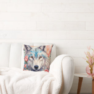 Witte wolf hoofd roze rozen wildlife schilderij kussen