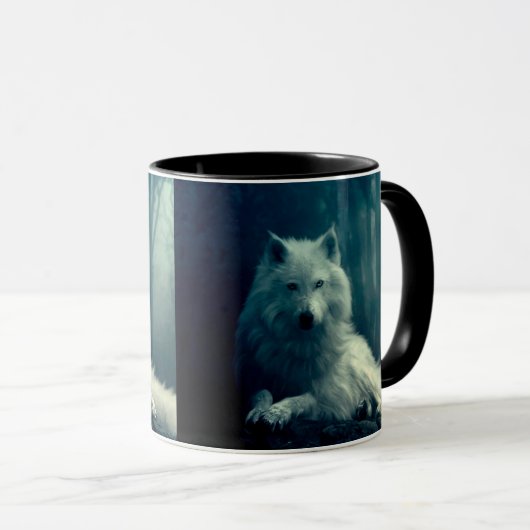 Witte wolf in het nachtbos mok (Voorkant rechts)
