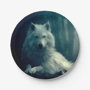 Witte wolf in het nachtbos papieren bordje
