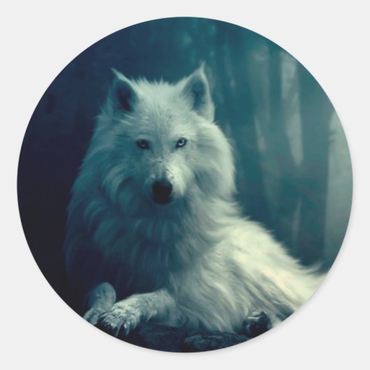Witte wolf in het nachtbos ronde sticker (Voorkant)