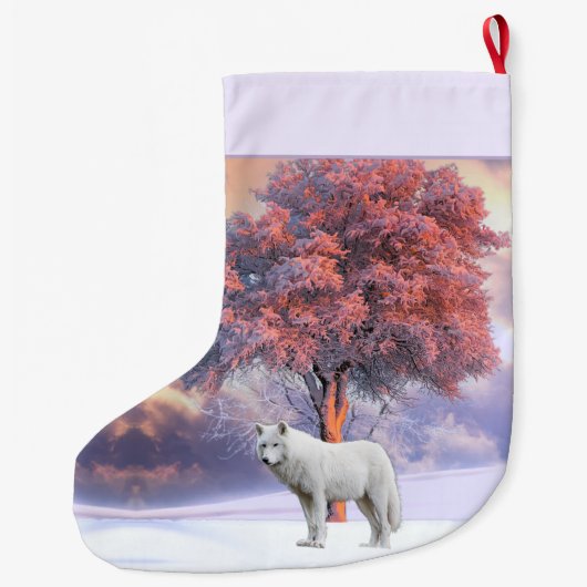 Witte wolf in Winter | Roze kerststop Grote Kerstsok (Achterkant)