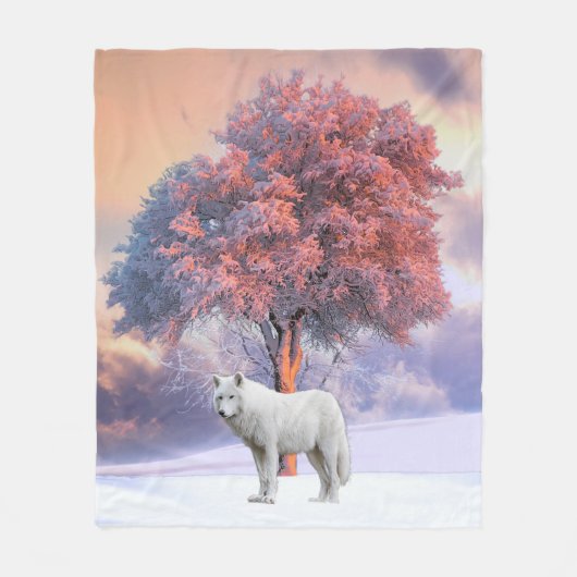 Witte wolf in Winter | Roze mandje Fleece Deken (Voorkant)