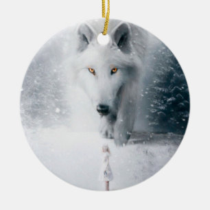 Witte wolf keramisch ornament