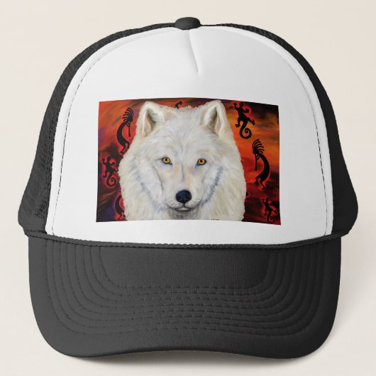Witte Wolf Kokopelli Trucker Pet (Voorkant)