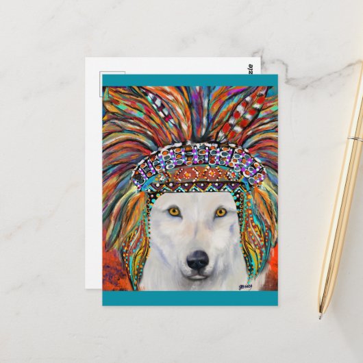 Witte Wolf Kunst Briefkaart (Voorkant / Achterkant in situ)
