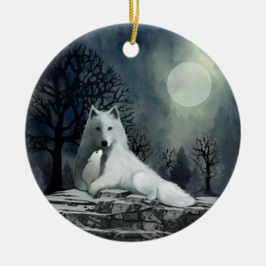 Witte Wolf met Pup Ornament (Voorkant)