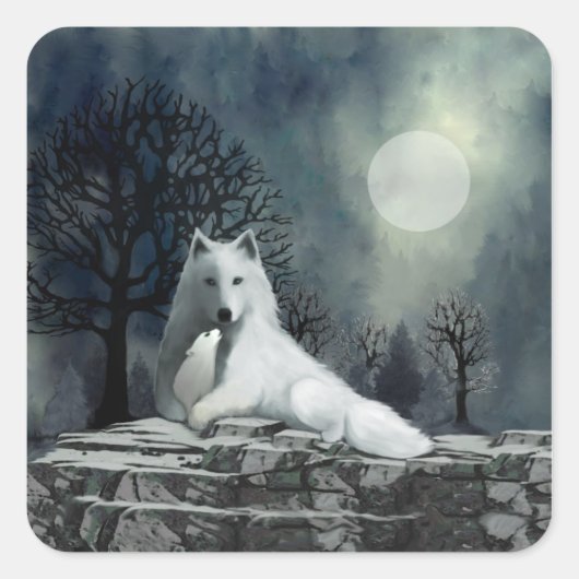 Witte Wolf met Pup Stickers (Voorkant)