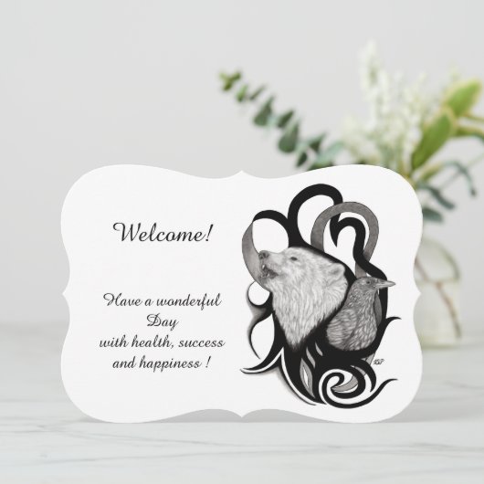 Witte Wolf met Raven, voeg Jouw tekst uitnodiging (Staand voorkant)