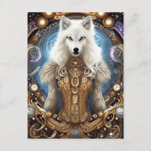 Witte wolf met rotsachtige steampunk briefkaart