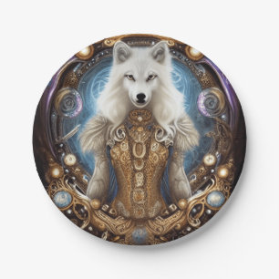 Witte wolf met rotsachtige steampunk papieren bordje