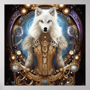 Witte wolf met rotsachtige steampunk poster