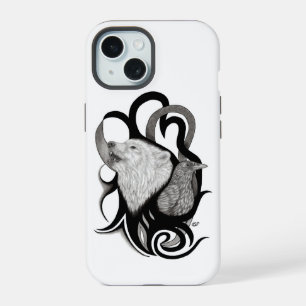 Witte Wolf met stamkunst van Raven iPhone 15 Hoesje
