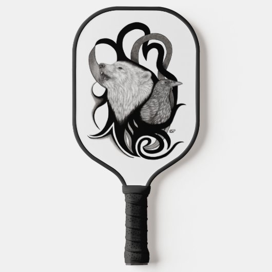 Witte Wolf met stamkunst van Raven Pickleball Paddle (Voorkant)