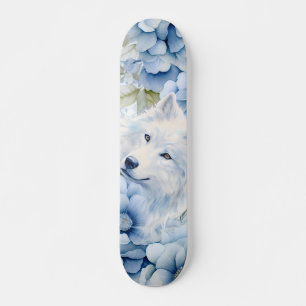 Witte Wolf Pastelblauwe Waterverf Bloemen Skateboard
