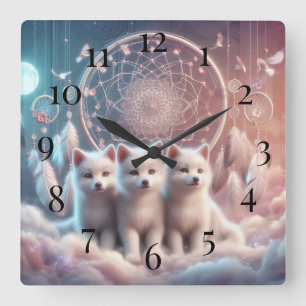 Witte Wolf Pups en Dreamcatcher Vierkante Klok