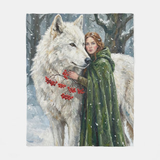 Witte Wolf Roodharige Druïde Winterbessen Fantasie Fleece Deken