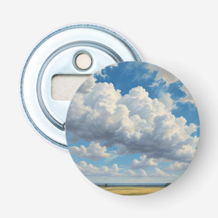 Witte wolken en heldere blauwe lucht button flesopener