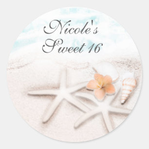 Witte zandstrand Zeester Blauwe oceaan Feestartike Ronde Sticker