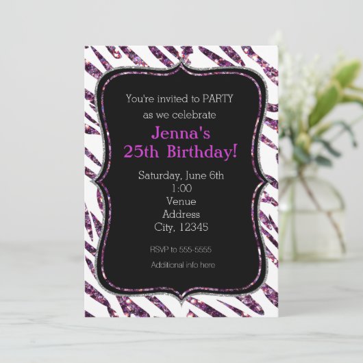 Witte Zebra Print Glam Glitter Party Uitnodigingen (Staand voorkant)