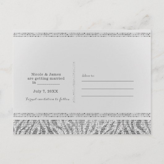 Witte Zebra Sparkle Sequins Glam Bewaar de datum Aankondigingskaart (Achterkant)