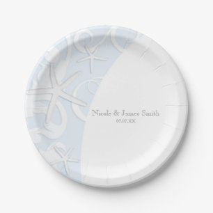Witte Zeester Blauwe Strand Elegante Trouw Papieren Bordje