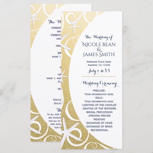 Witte Zeester Gouden Strand Trouwprogramma Programma (Voorkant / Achterkant)