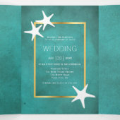 Witte zeester op blauwgroen bevlekt papieren stran drieluik uitnodiging (Binnenkant midden)