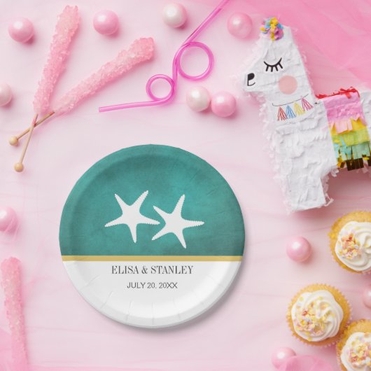 Witte zeester op blauwgroen gekleurd strand bruilo papieren bordje (Feest)