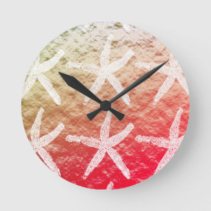 Witte Zeester Patronen Gouden Folie Roze Ombre Ronde Klok