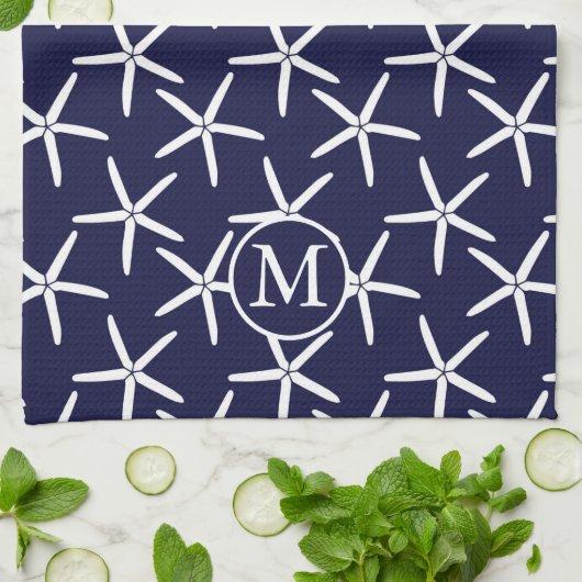 Witte zeester tegen een blauwe achtergrond theedoek (Gevouwen)