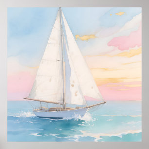 Witte Zeilboot Oceaan Gloed Poster