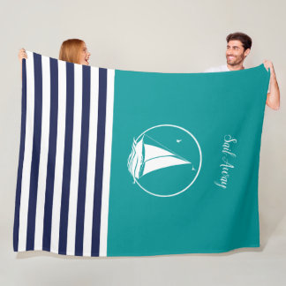 Witte zeilboot/zeilen weg/aquablauw/donkkerblauw fleece deken