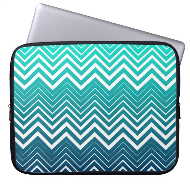 Witte zigzag Chevron en blauwe groene achtergrond Laptop Sleeve (Voorkant)