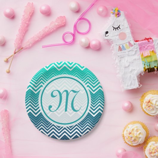 Witte zigzag Chevron en blauwe groene achtergrond Papieren Bordje (Feest)