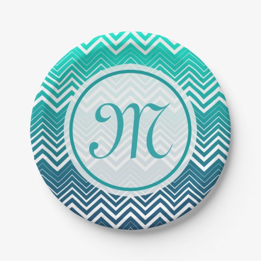 Witte zigzag Chevron en blauwe groene achtergrond Papieren Bordje (Voorkant)