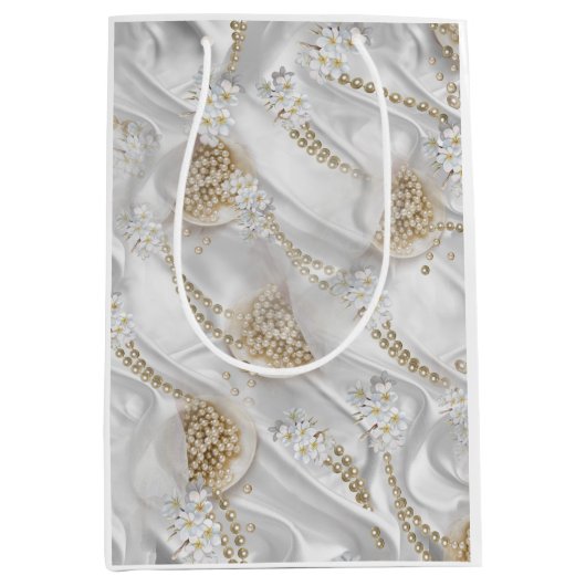 Witte Zijde en Ivory Champaign Pearls Medium Cadeauzakje (Voorkant)