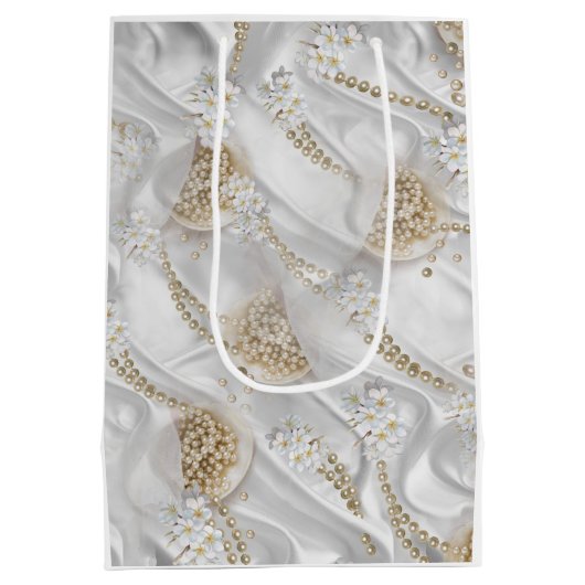 Witte Zijde en Ivory Champaign Pearls Medium Cadeauzakje (Achterkant)